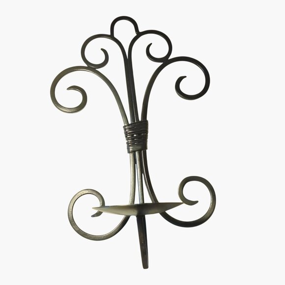 Mediterranean Black Candle Holder Metal Sconce Wall Mounted Scroll Design - Picture 1 of 6